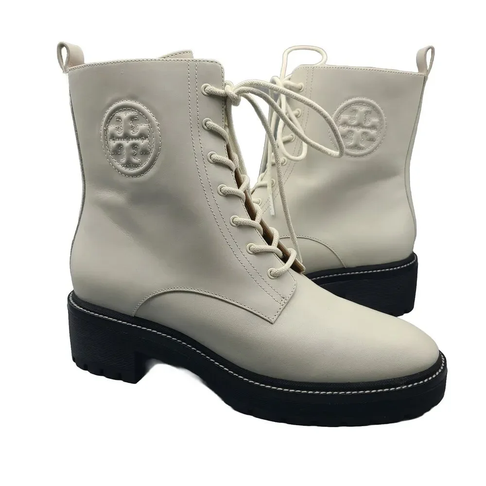 Tory Burch Boots Ivory Miller 50mm Lug Sole Bootie Lace Up Combat Size 10.5 New
